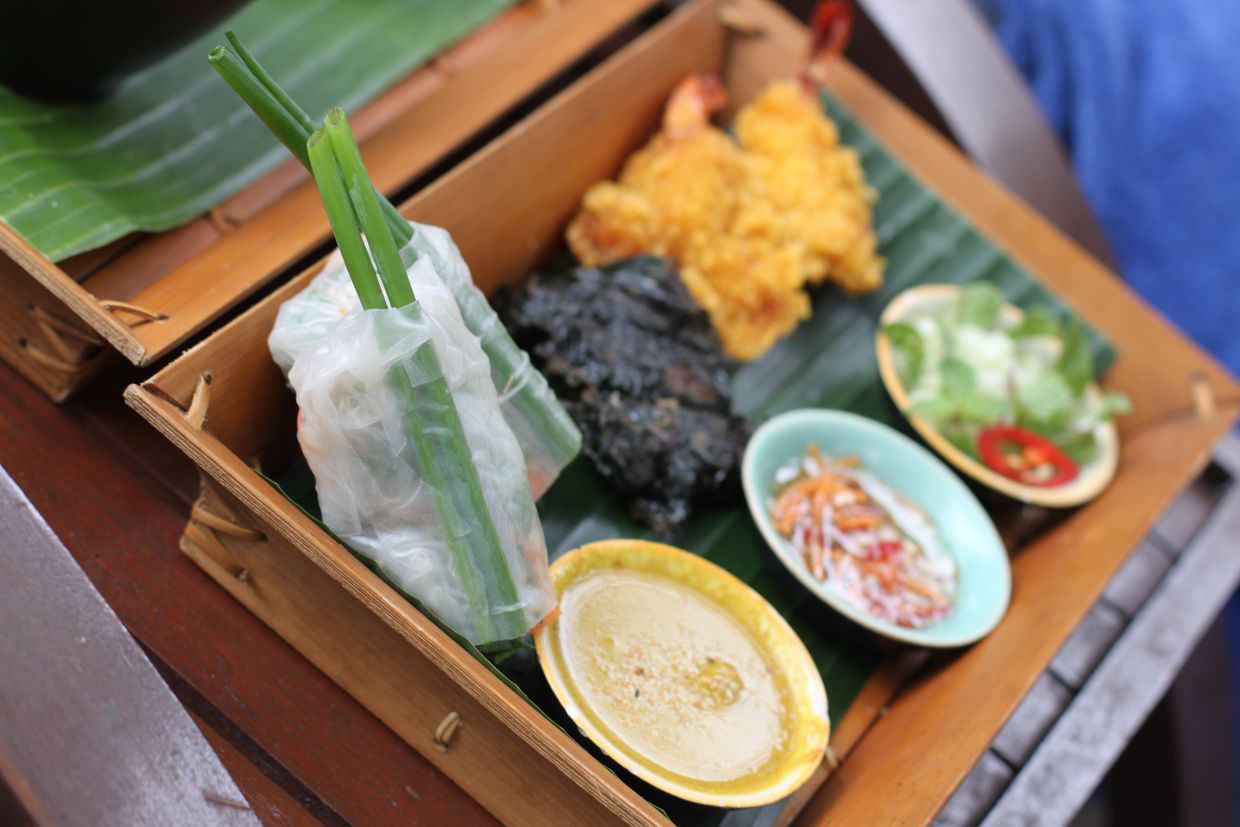 Poolside snacks - spring rolls, beef and prawns