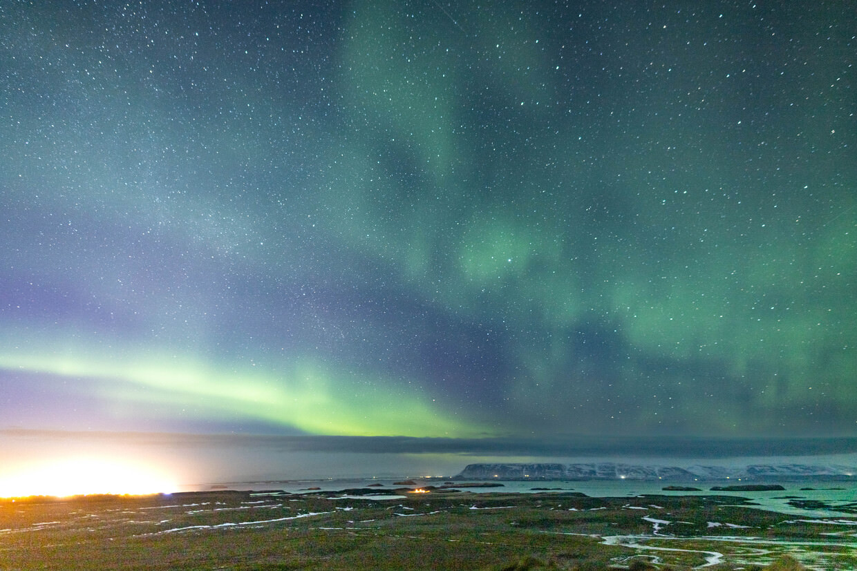 Paul’s first aurora experience, from Helgafell looking towards the western fjords(Stykkishólmur is the light pollution to the left)