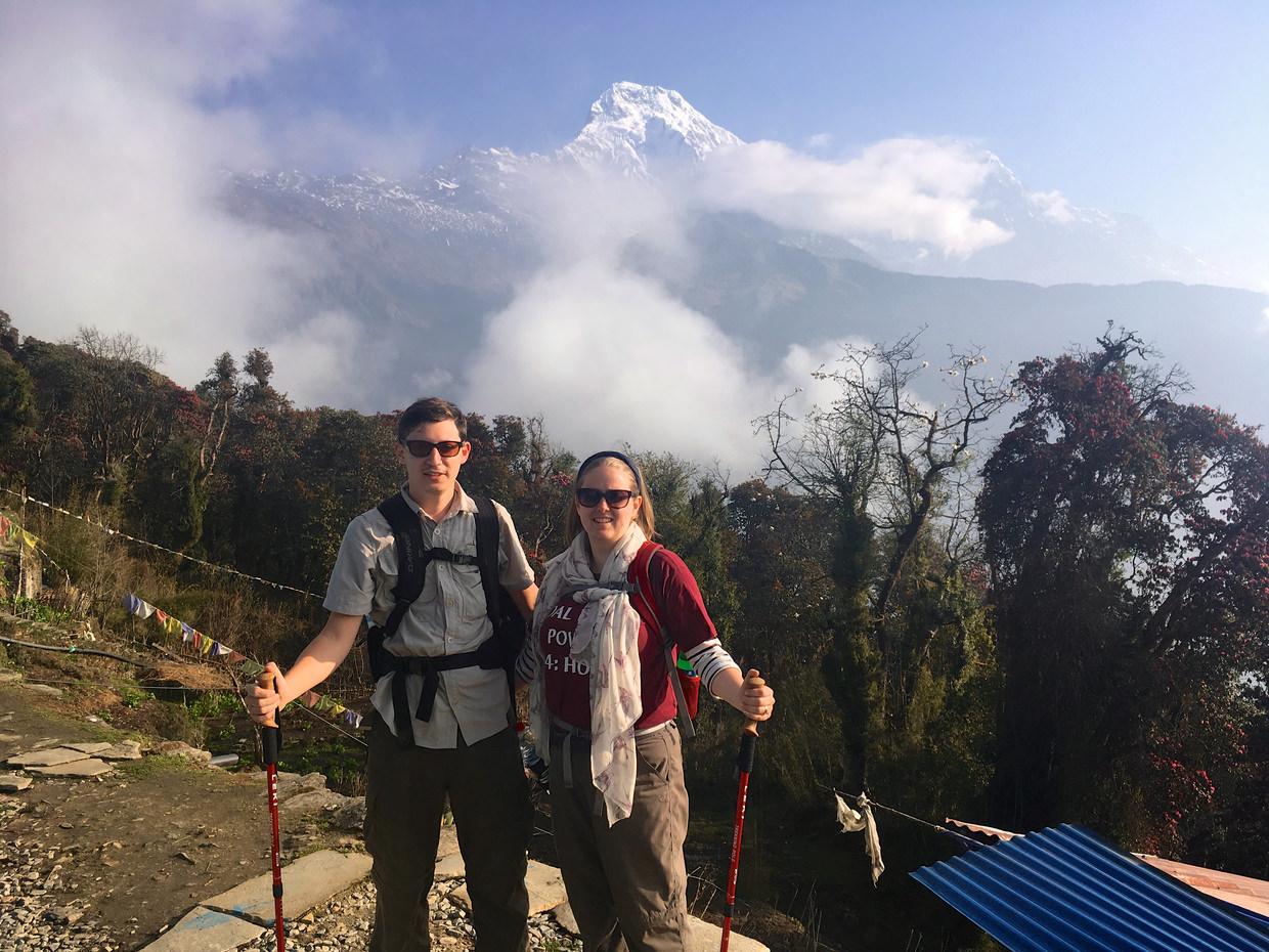 Samantha and Paul leaving Tadapani – Annapurna South behind us