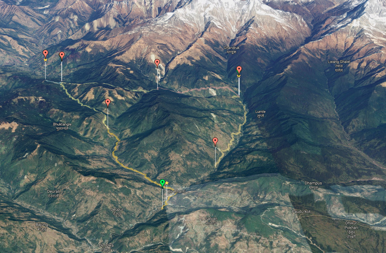 Our 5 day trek route. Google Map showing the GPS data from our 5 day trek.