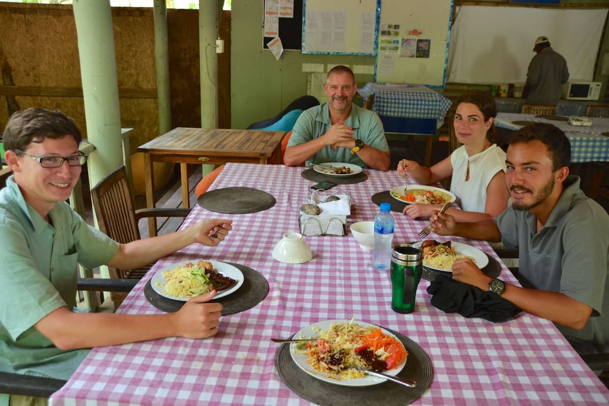 Volunteers enjoying a meal at the bistroFrom left to right: Me, Jeremy, Lea, Paul