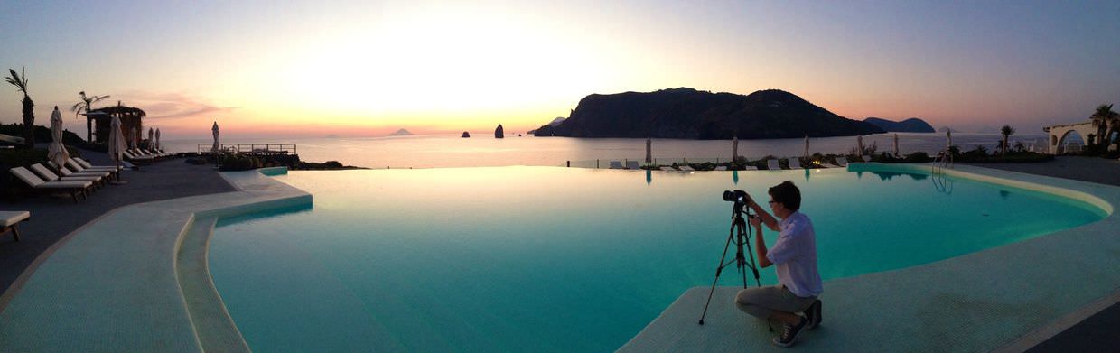 A panorama of the Aeolian Islands from Therasia’s pool