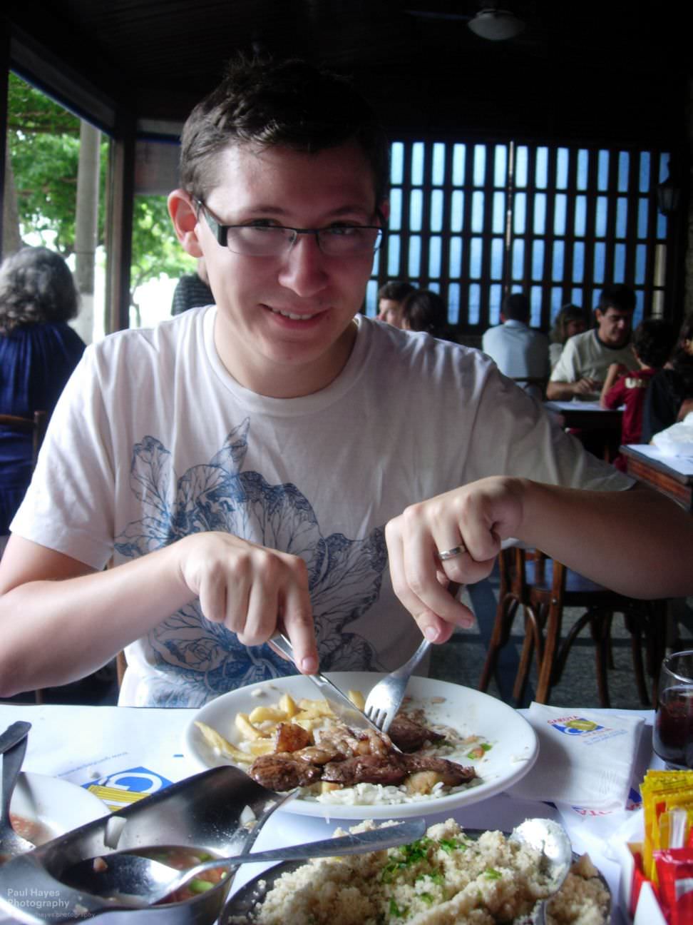 Paul enjoying steak and chips at Garota da Urca